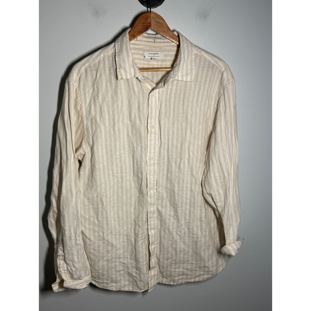 Banana Republic Mens Linen Blend Slim Fit Striped Button Down Shirt Large Cream